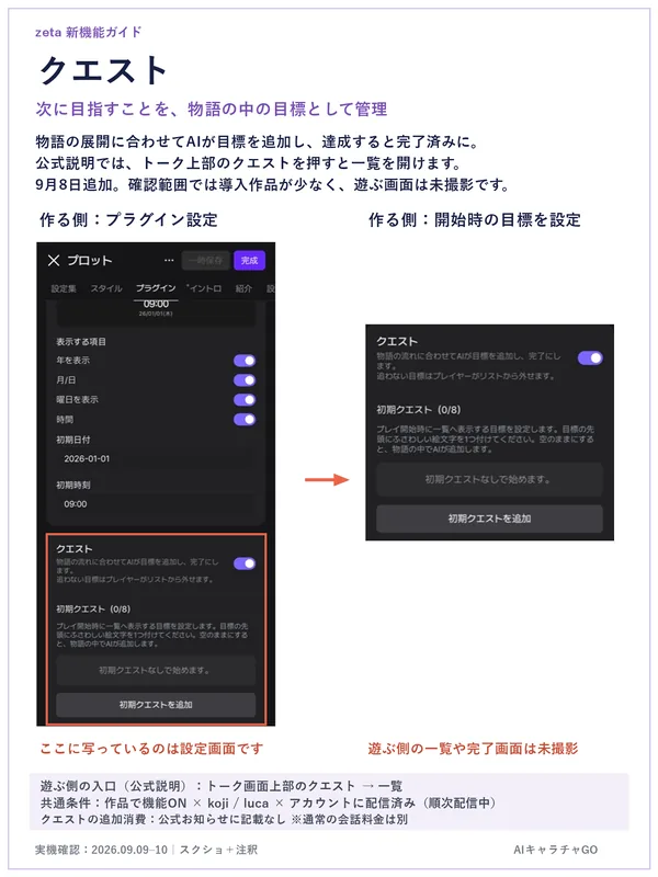 クエストの設定画面。プロット制作画面のプラグインタブでクエストをオンにし、プレイ開始時に出す初期クエストを最大8件まで設定できる。遊ぶ側の画面は未撮影。
