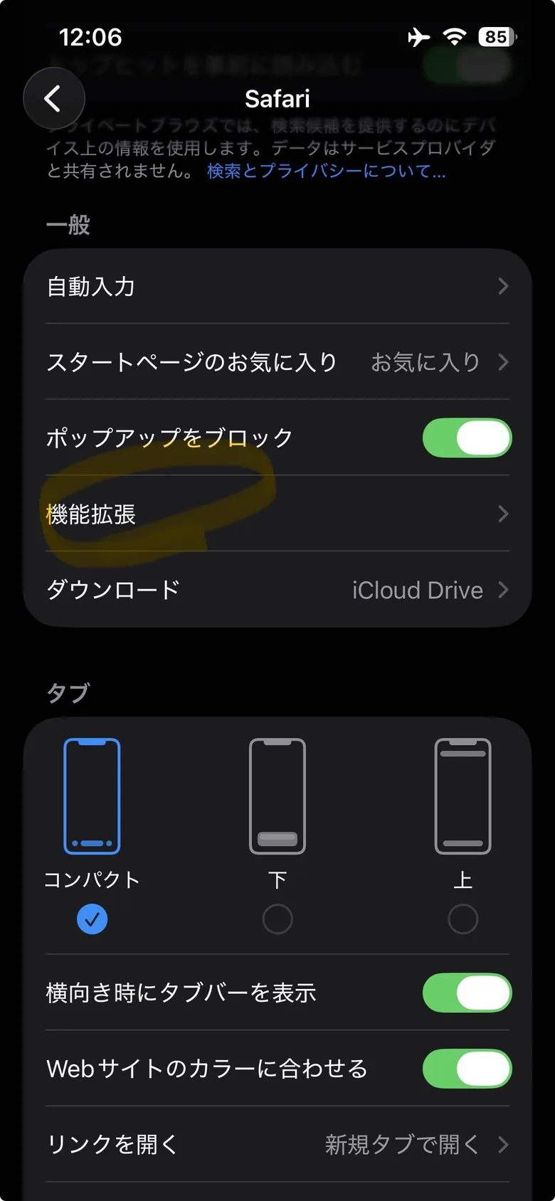 Safari の設定。「機能拡張」の行